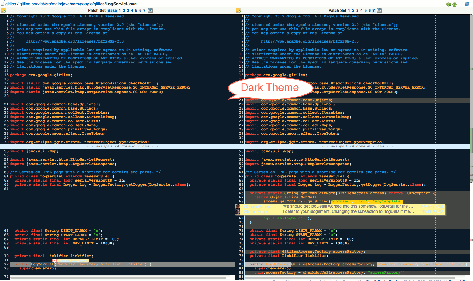 user review ui side by side diff screen dark theme