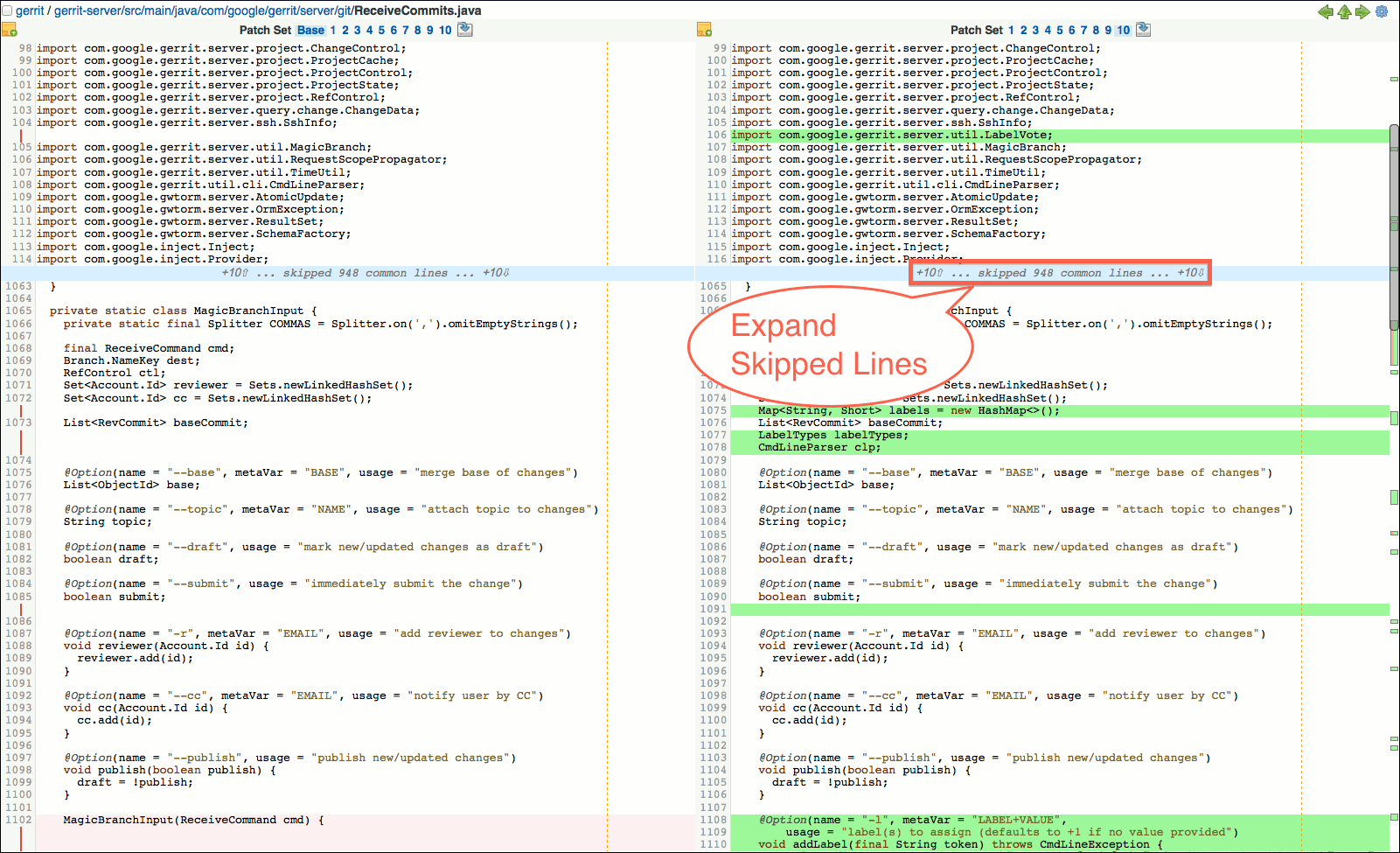 user review ui side by side diff screen expand skipped lines