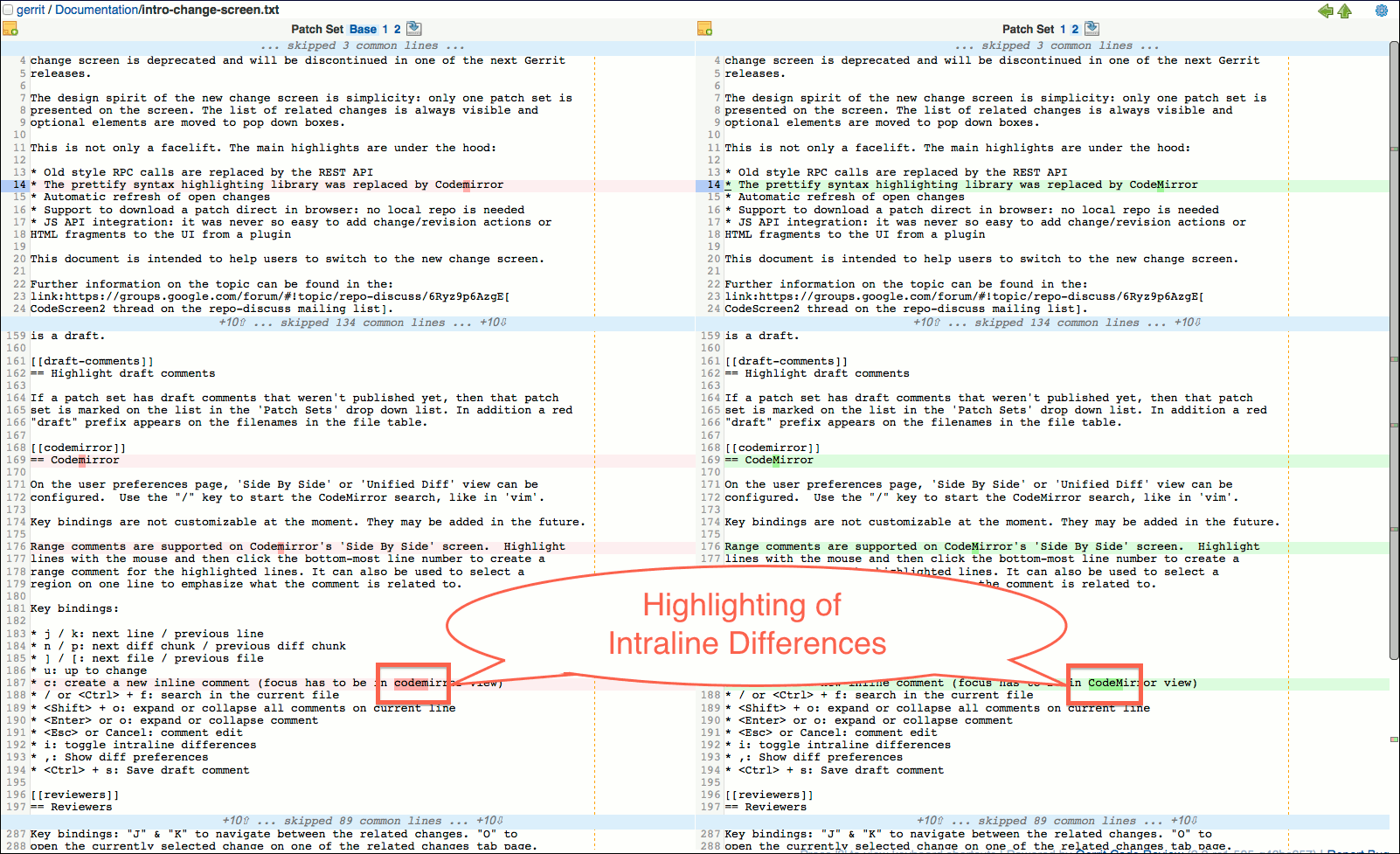 user review ui side by side diff screen intraline difference