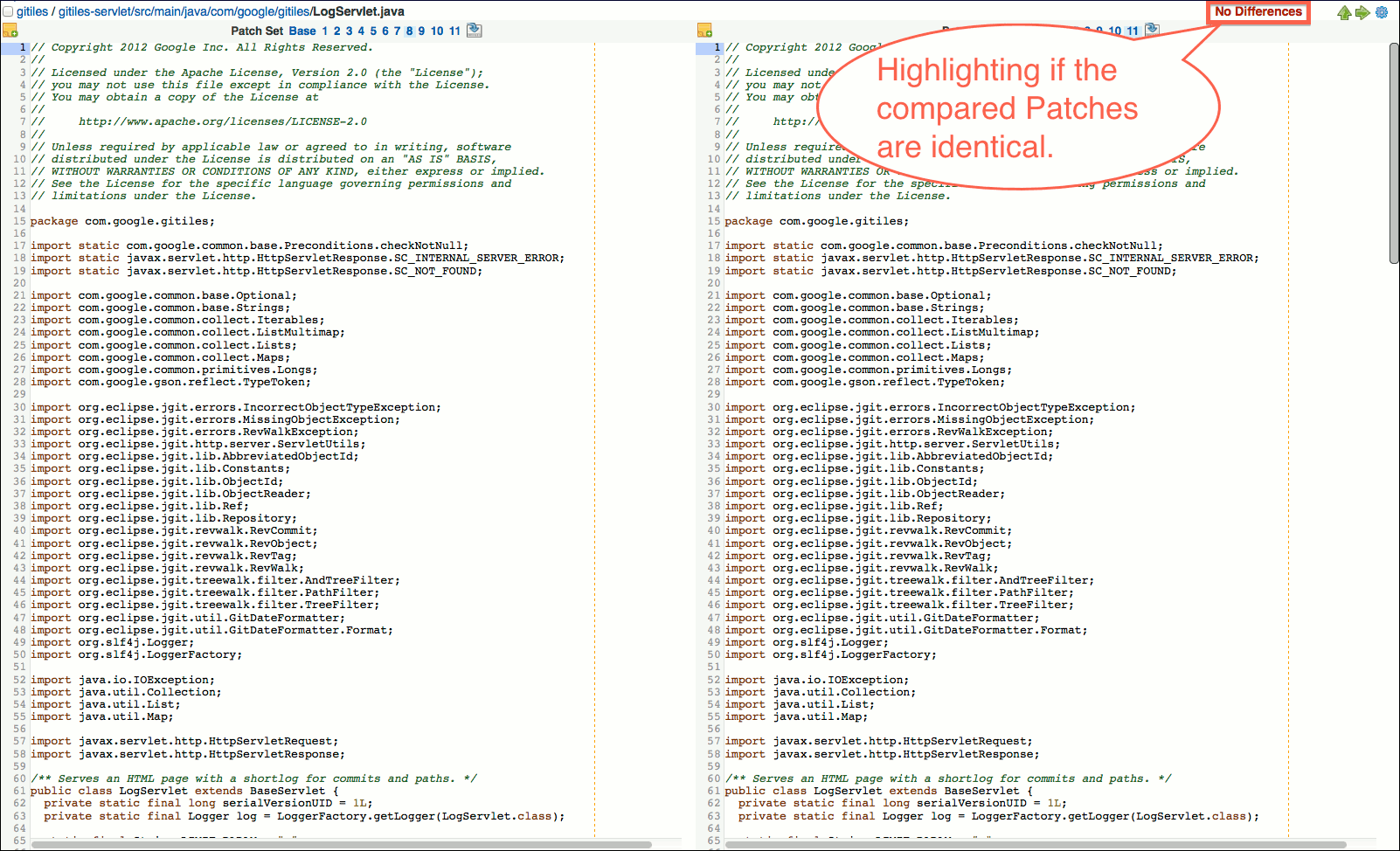 user review ui side by side diff screen no differences