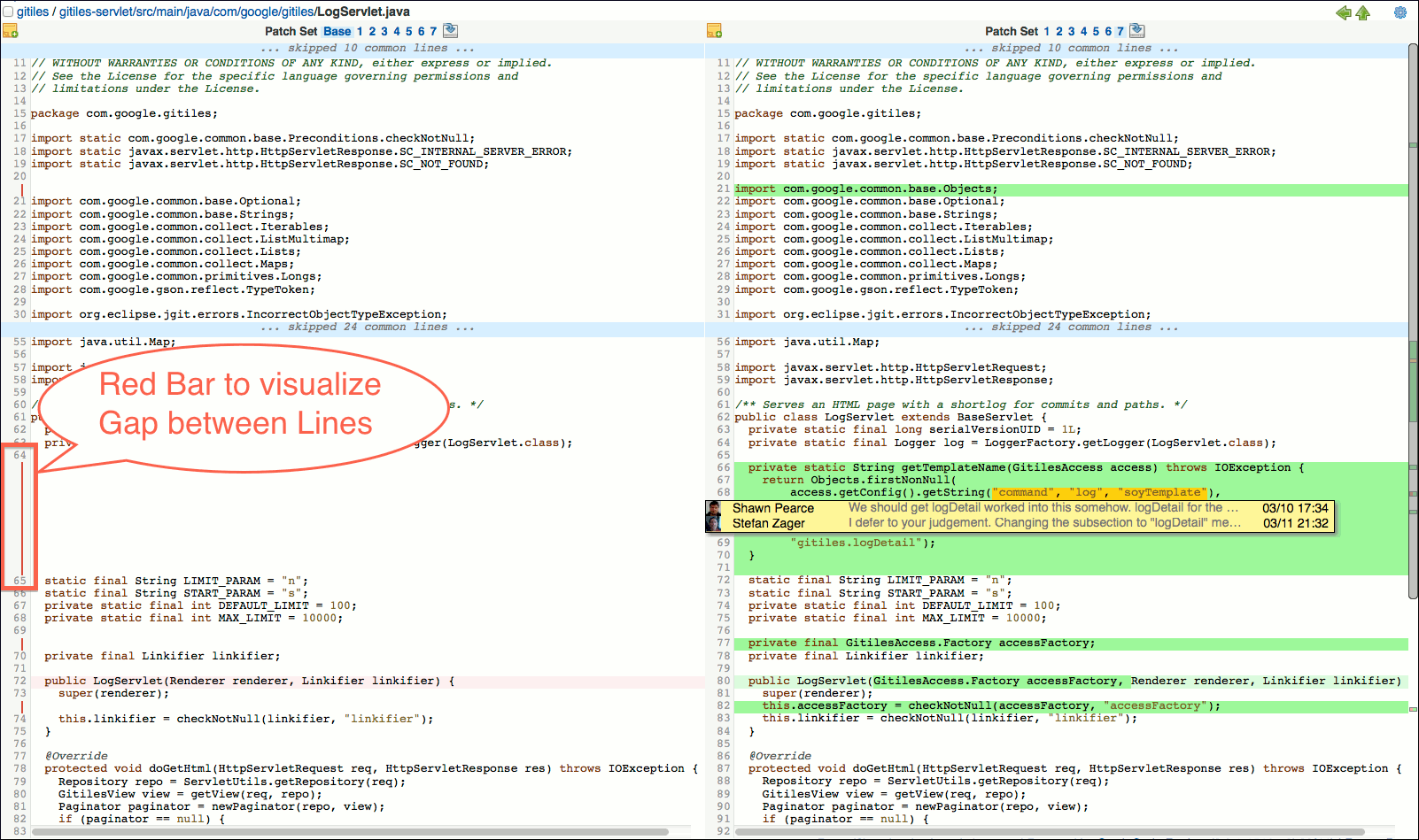 user review ui side by side diff screen red bar