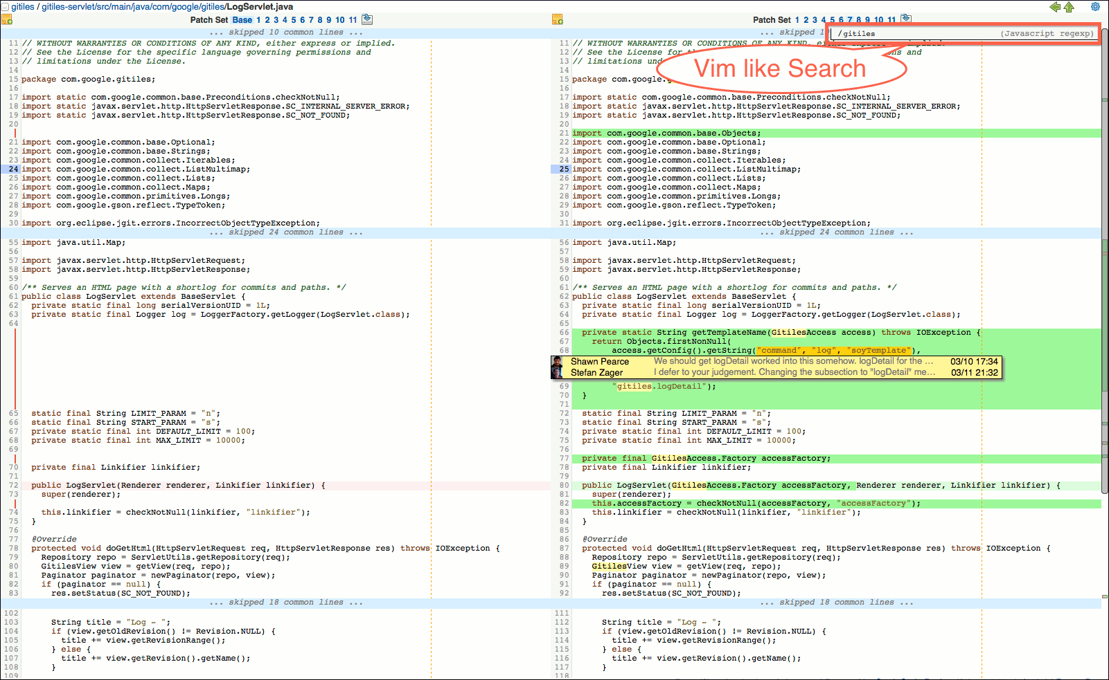user review ui side by side diff screen search